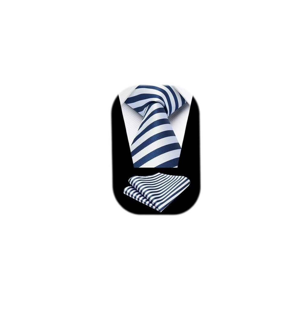 8341 Ties Navy Striped Tie and Handkerchief Set Blue White Necktie Woven